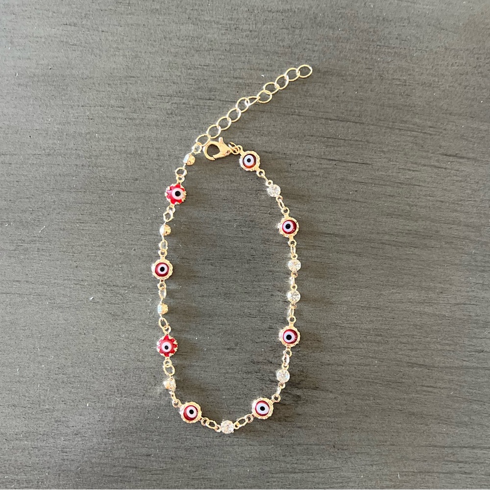 Red Evil Eye & Rhinestone Charm Chain 10" Anklet Ankle Bracelet Protection Boho
